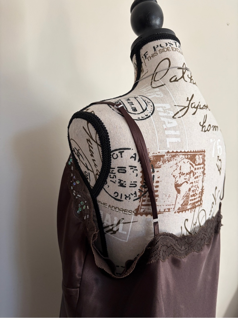 Y2K Chocolate Brown Satin Lace Sequin Beaded Girly Camisole - Picture 7 of 12